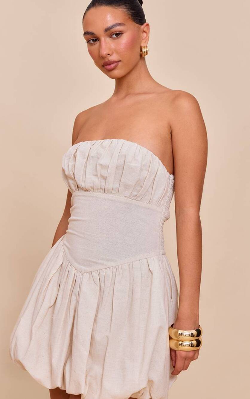 PrettyLittleThing Linen Blend Strapless Mini Dress Bubble Hem Ruched Beige Sz 0